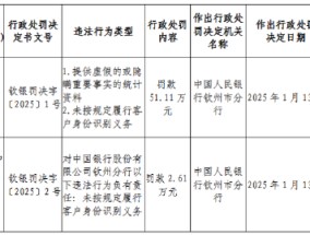 中国银行钦州分行被罚51.11万元：提供虚假的或隐瞒重要事实的统计资料 未按规定履行客户身份识别义务