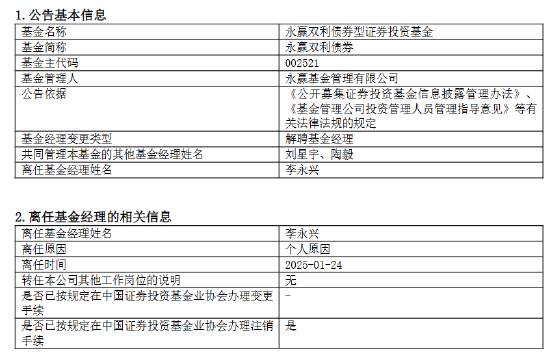 永赢基金副总李永兴离任！卸任7只产品基金经理 任期6年4个月